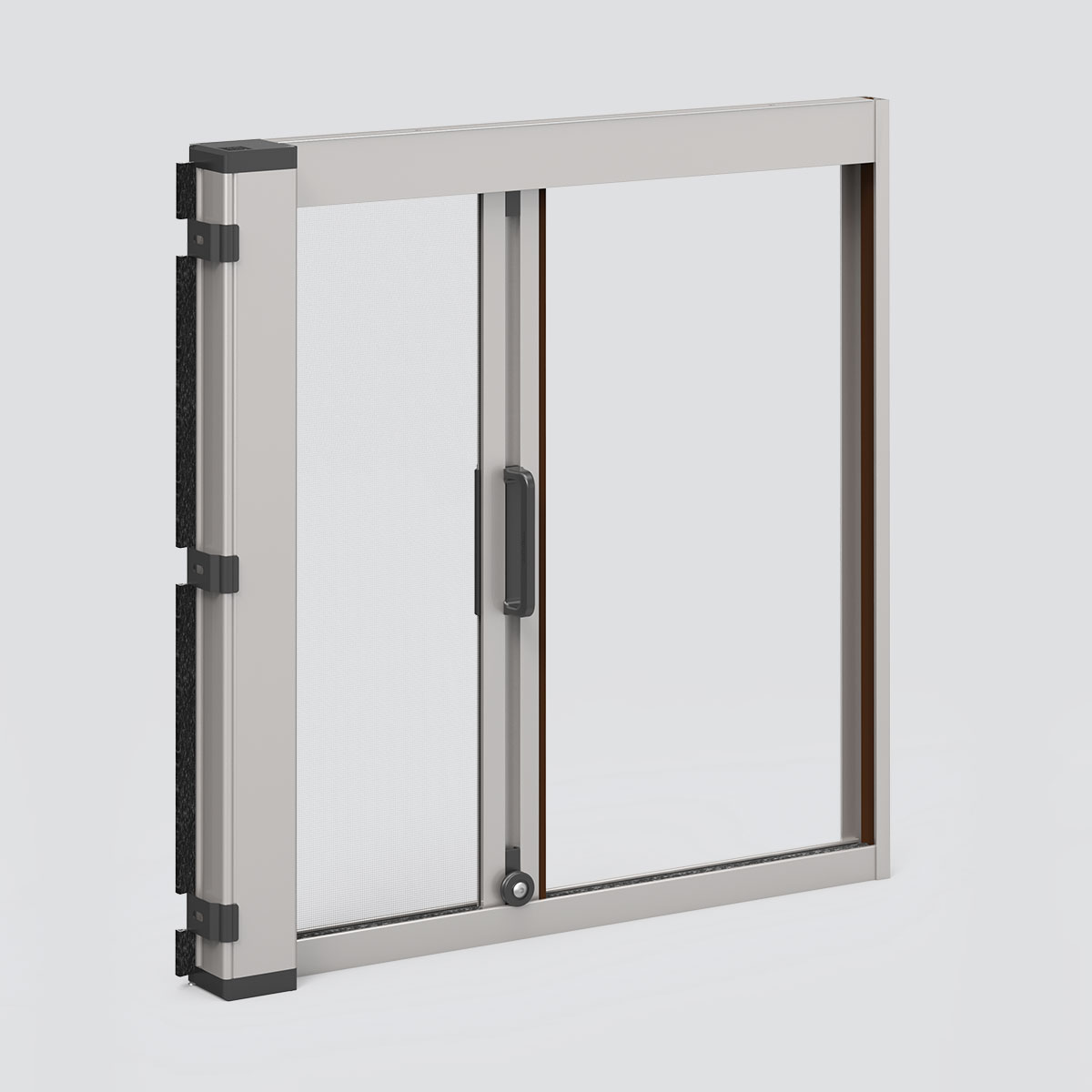 Spring-operated sideways insect screen, Quadro 46, Reveal-fit guides. Pronema