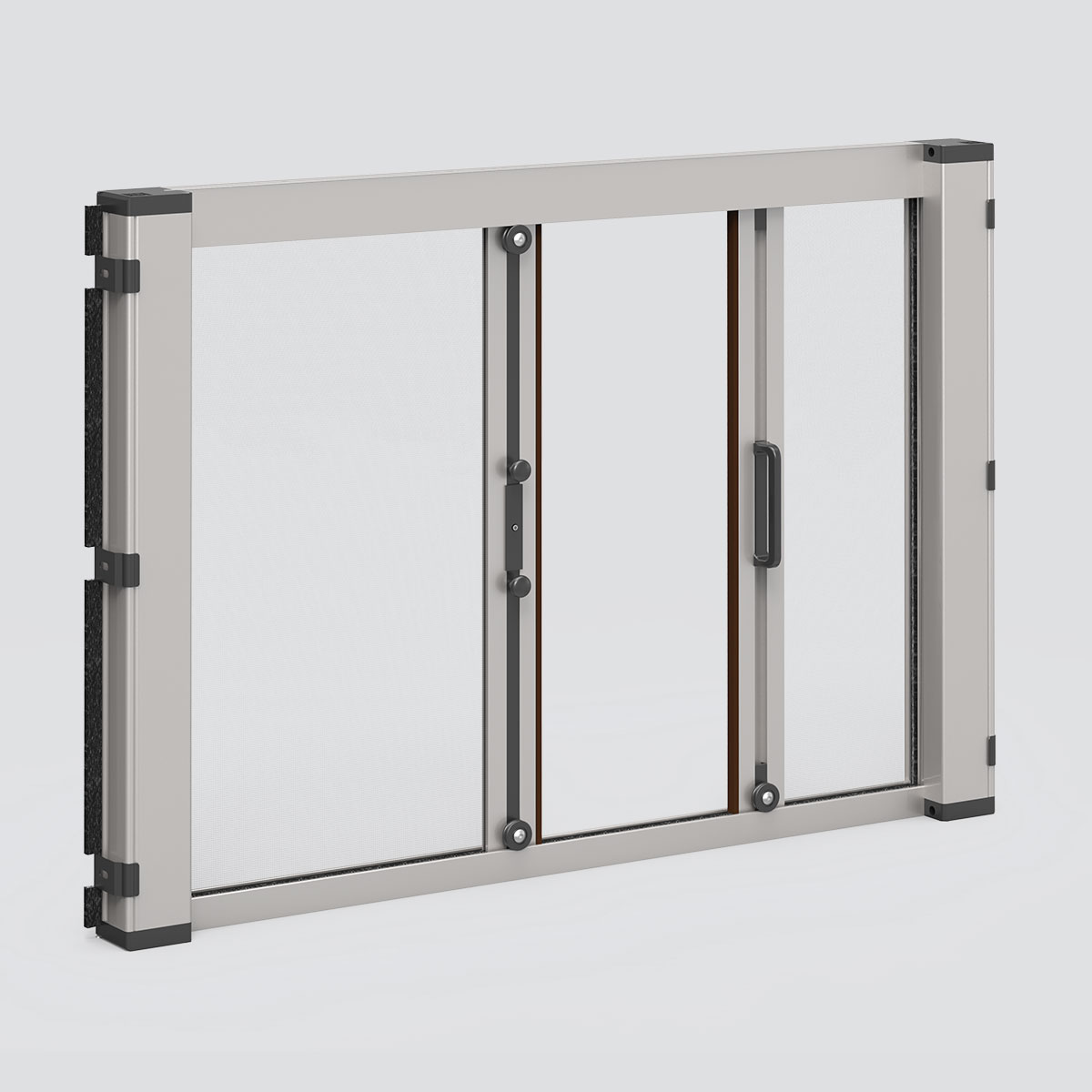 Spring-operated double sideways insect screen, Quadro 46, Reveal-fit guides. Pronema